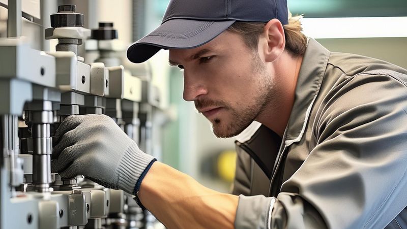 Mann mit Arbeitskleidung und Handschuhen arbeitet an einer Industriemaschine.
