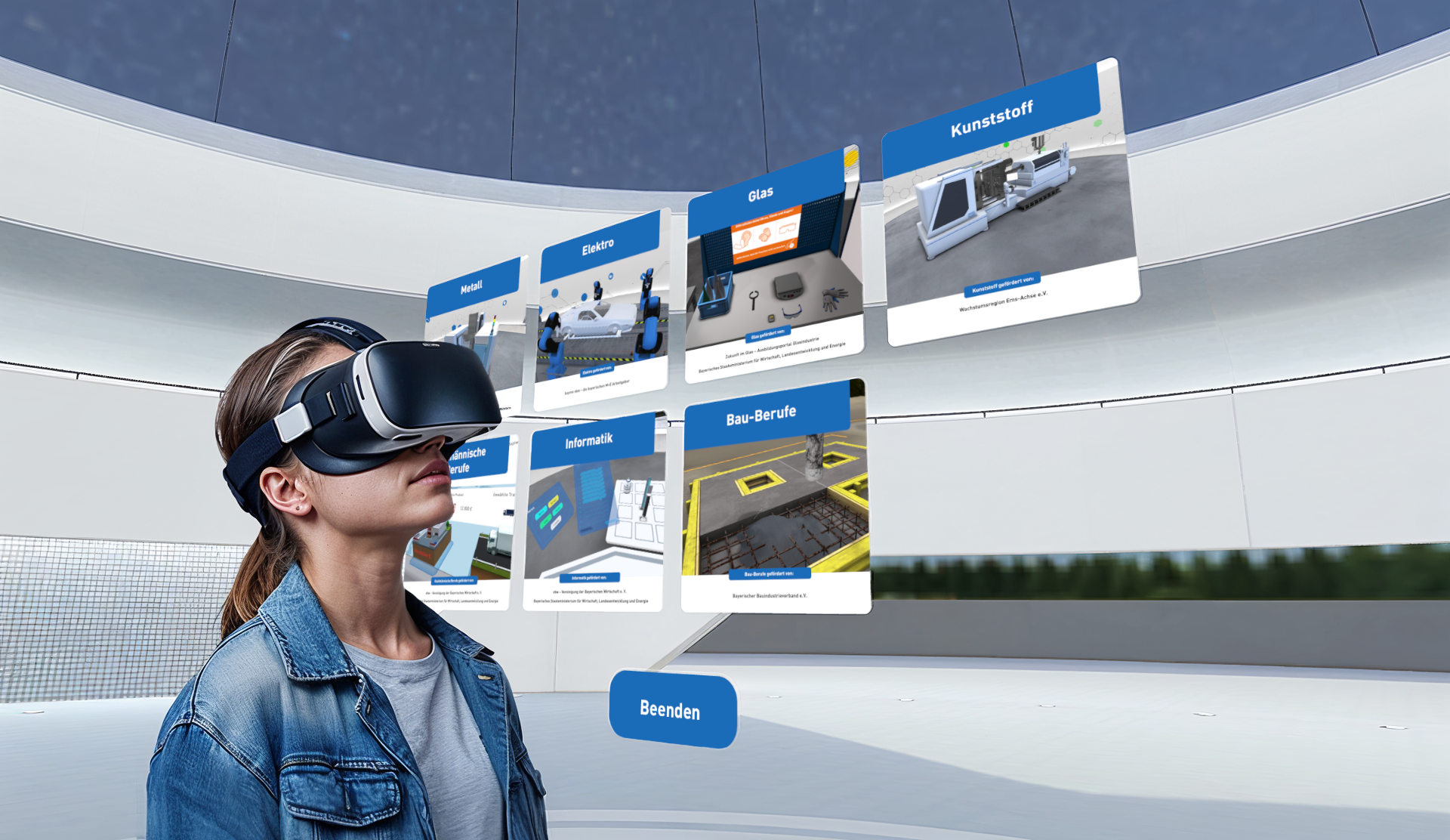 Virtual Work Experience Lobby Person mit VR-Headset interagiert mit virtueller Oberfläche zu verschiedenen Berufsfeldern.